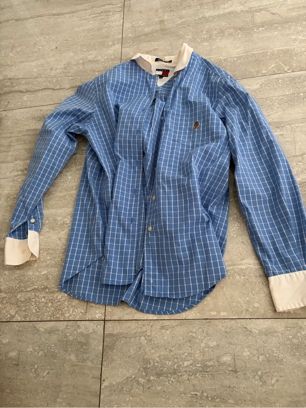 Tommy Hilfiger Light Blue Windowpane Dress Shirt with White Contrast
